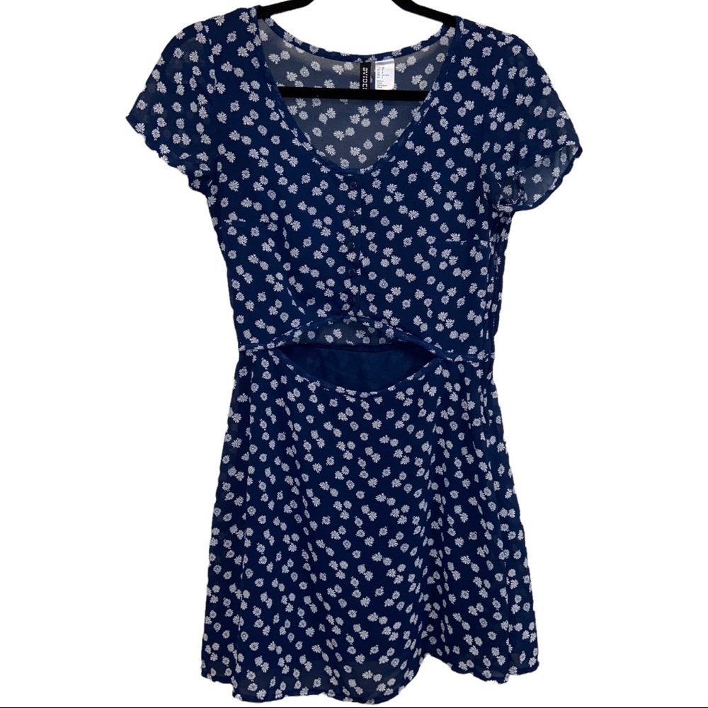 Divided Navy Blue White Floral Fit & Flare Cut Out Scoop Neck Mini Dress